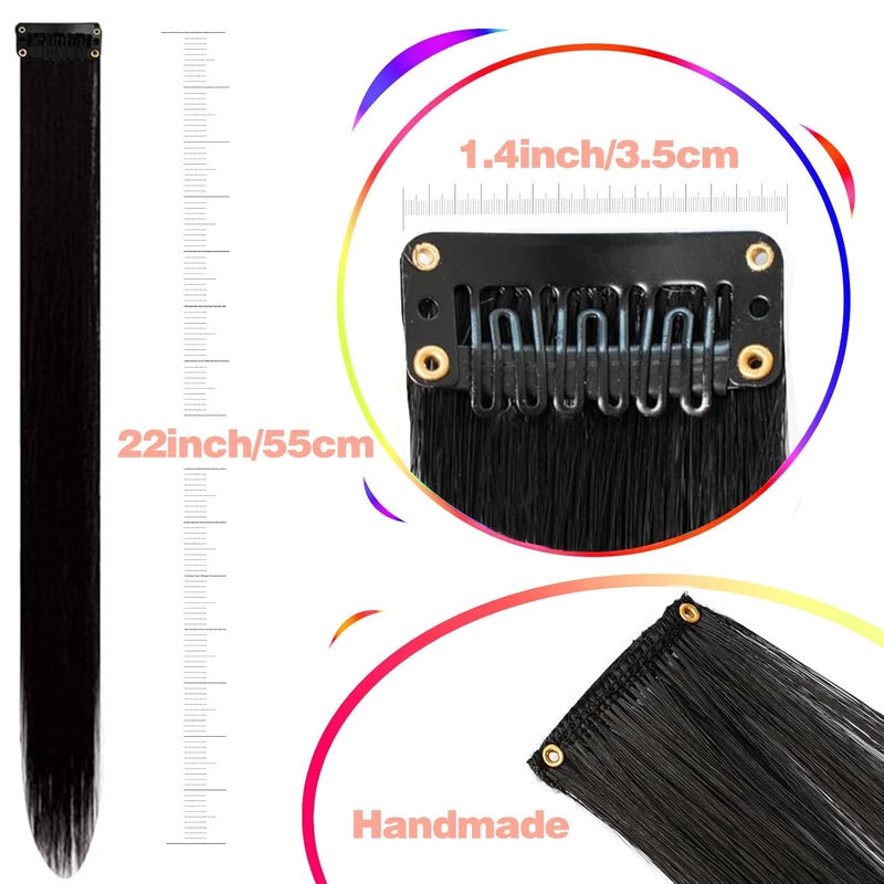 GPOVVIMX 12 PCS Black Hair Extensions Clip in, Colored Party Highlights Extension for Girls Women Synthetic Hairpiece Straight 22 inch - Image 3